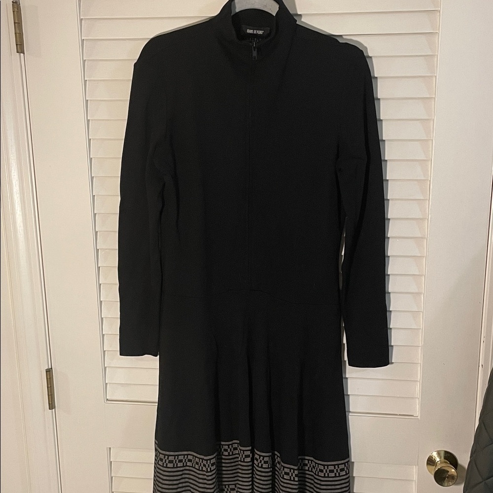 Isabel de Pedro Black Streamline Midi Dress with Patterned Swing Hem
